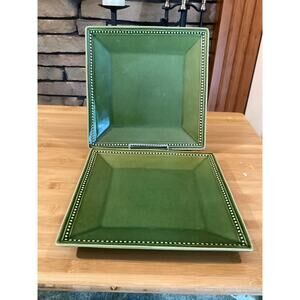 Pier‎ 1 Imports Spice Route Clove 10.5" Square 2 Dinner Plates Beaded Edge Green